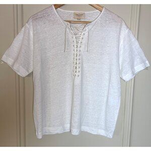 Sézane White Linen Lace Up Top Small Short Sleeve French Casual Blouse Soft
